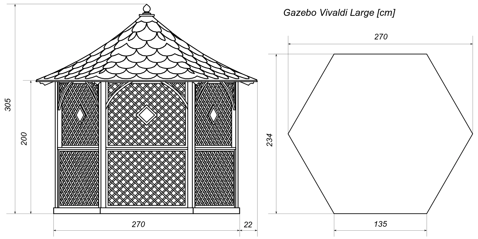 Gazebo Vivaldi 6 angles grand h315 ? 270 cm Grille Clémentine