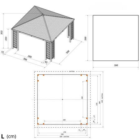 Gazebo Rimini con tetto bitumato (2,96m x 2,96m)